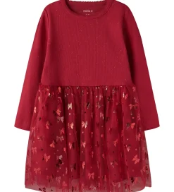 Name It Kjole - Rib/Tyl - NmfRosally - Jester Red m. Print